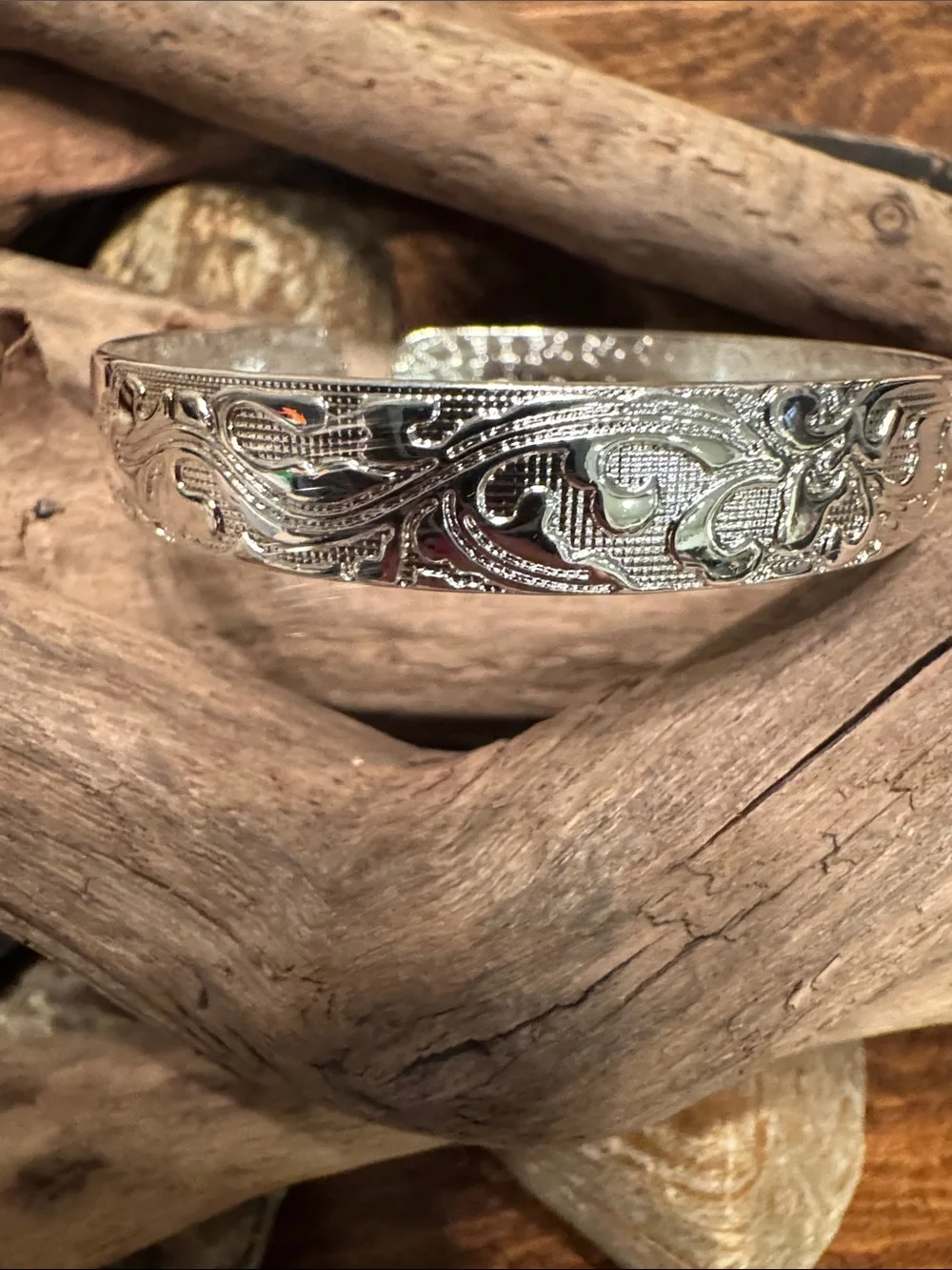 Silver Floral Engraved Cuff Bracelet - Elegant Women's Jewelry